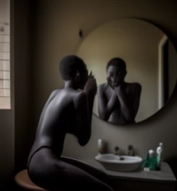 craiyon 110221 a realistic portrait of a dark skinned african woman sitting in front of a mirror looking stressed 