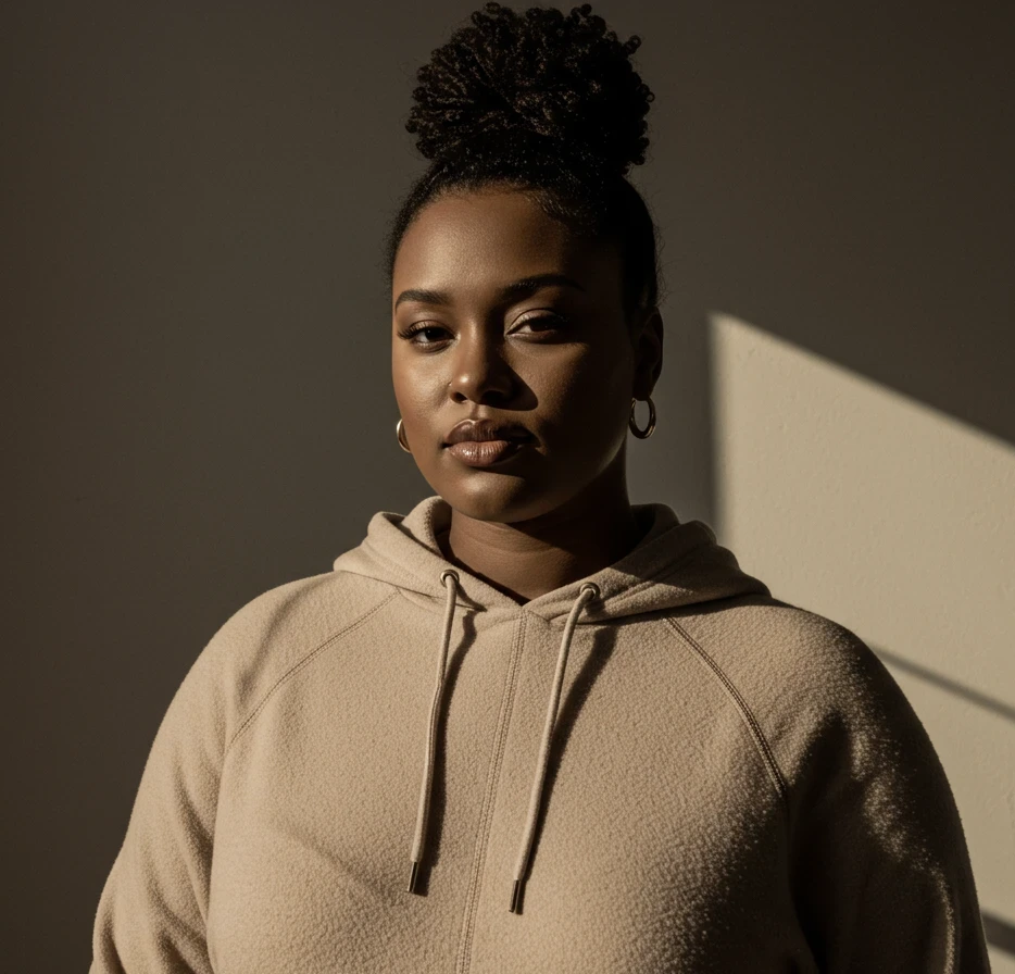 craiyon 023637 fat woman with short curly hair in a slick back bun wearing a beige hoodie no glasses